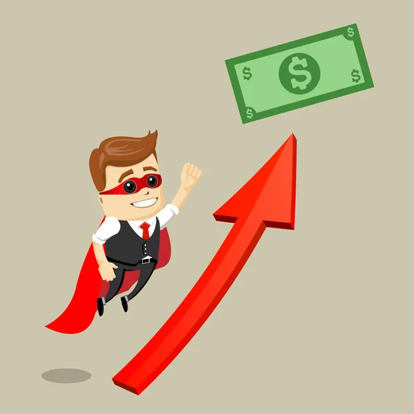 Dolar için uçan vektör işadamı. Bir kahraman olarak iş adamı. Süper kahraman.