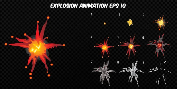 Explosión del vector. Explotar animación efecto con humo. Marcos de explosión de dibujos animados. Sprite hoja de explosión — Archivo Imágenes Vectoriales