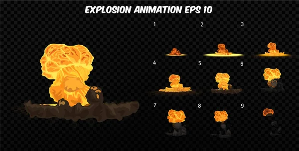 Vector ontploffen. Ontploffen effect animatie met rook. Cartoon explosie frames. Sprite vel explosie — Stockvector