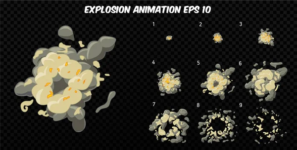 Il vettore esplode. Esplodere animazione effetto con fumo. Cornici esplosive dei cartoni animati. Sprite foglio di esplosione — Vettoriale Stock