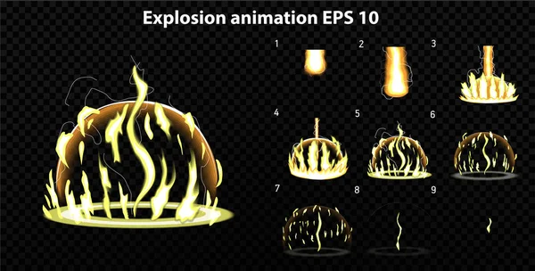 Explosión del vector. Explotar animación efecto con humo. Marcos de explosión de dibujos animados. Sprite hoja de explosión — Archivo Imágenes Vectoriales