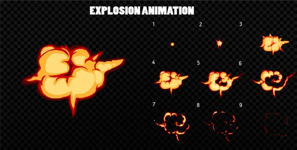 Vector explode. Explode effect animation with smoke. Cartoon explosion frames. Sprite sheet of explosion — Stock Vector