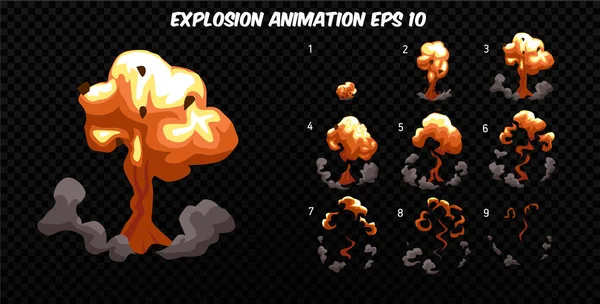 Explosión del vector. Explotar animación efecto con humo. Marcos de explosión de dibujos animados. Sprite hoja de explosión — Vector de stock