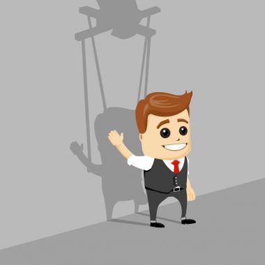 Puppet businessman. Businessman marionette on ropes controlled hand. clipart