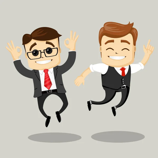 Empresario con las manos en alto. Motivación empresarial Liderazgo. Hombre de negocios feliz. Dos hombres de negocios saltando . — Vector de stock