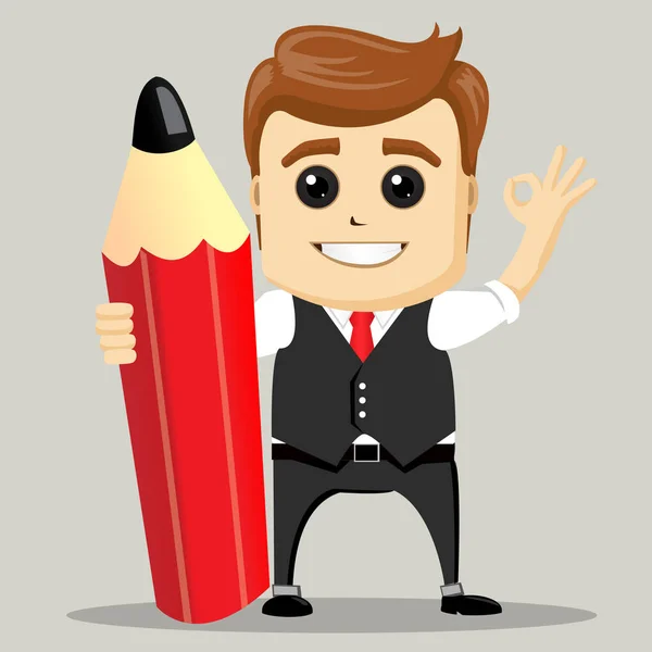 Podnikatel a velké červené tužky. Obchodní muž Ukázat Ok. — Stockový vektor
