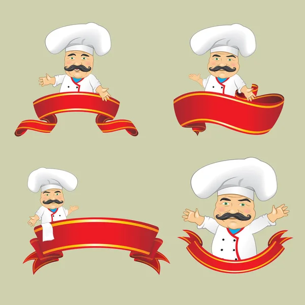 Vektör set aşçıların farklı pozisyonlarda. Pişirme ve yemek tepsisiyle holding karikatür şefler