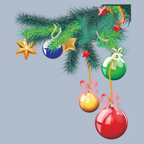 Çam çırpı ve kırmızı baubles ile kış arka plan. Noel vektör çizim.