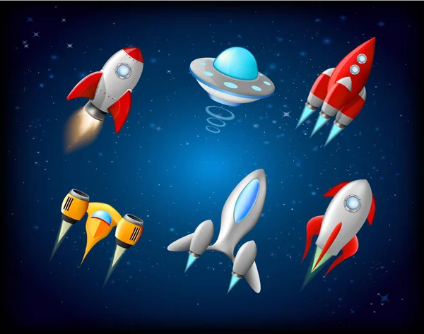 Nave espacial vectorial y vector UFO ambientado en estilo de dibujos animados. Cohetes y naves espaciales, transporte futurista, ilustración de barcos de colección — Vector de stock