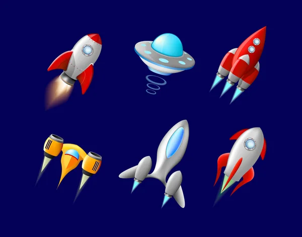 Nave espacial vectorial y vector UFO ambientado en estilo de dibujos animados. Cohetes y naves espaciales, transporte futurista, ilustración de barcos de colección — Archivo Imágenes Vectoriales