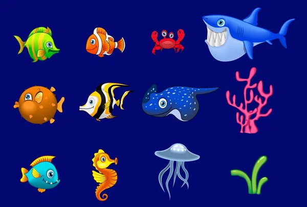 Мультфильм трехцветные рифовые животные большой набор. Рыбы, млекопитающие, ракообразные. Дельфин и акула, осьминог, краб, морская звезда, медуза. Дикая природа коралловых рифов . — стоковый вектор