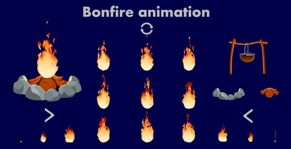 Şenlik ateşi animasyon sprite vektör, vektör alev video kareleri oyun tasarımı için