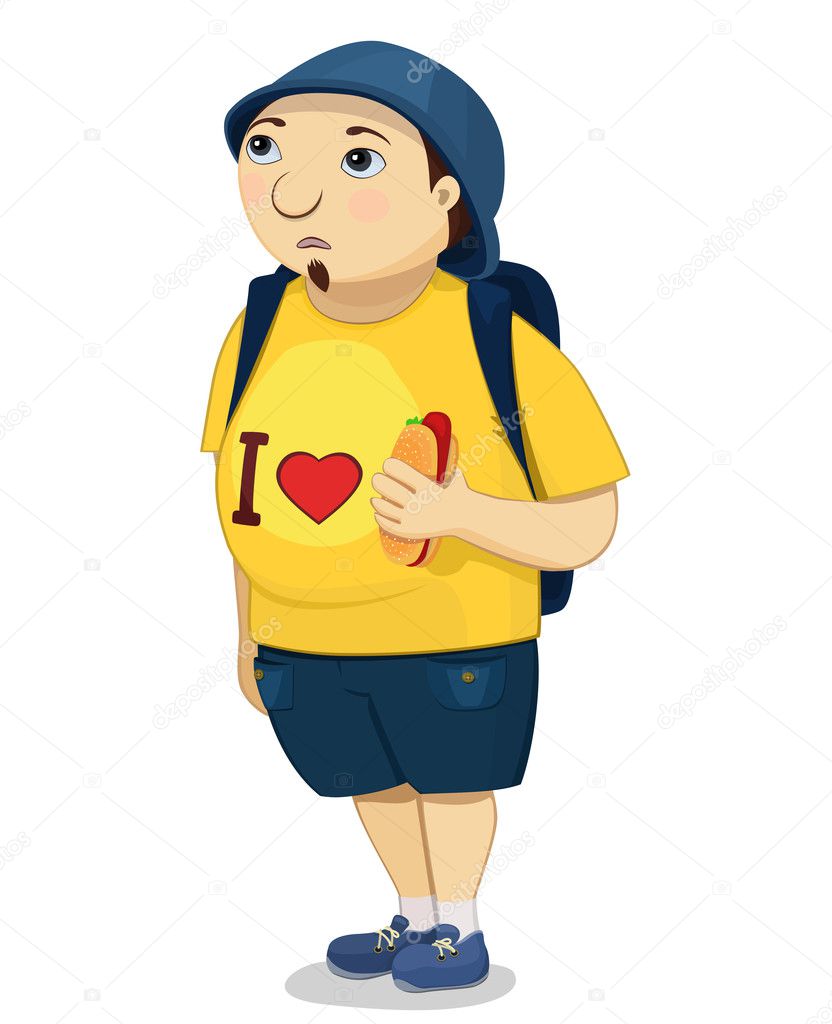 Vector illustration of comic typical tourist. Cartoon funny fat man. Isolated heavy character voyager holding hot dog and looking somewhere up.