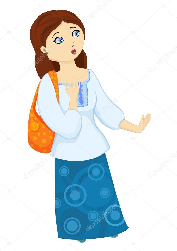 Vector isolates illustration of frightened young woman. Cartoon emotional character of scared girl.