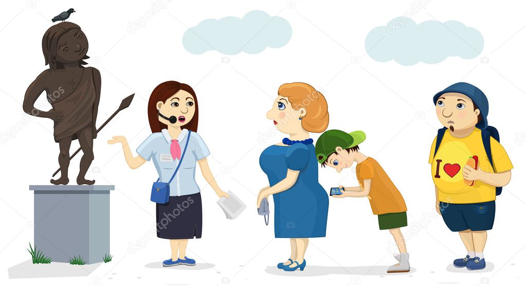 Vector illustration of funny tourist group on trips: plump woman, her son with tablet, heavy man and guide. 