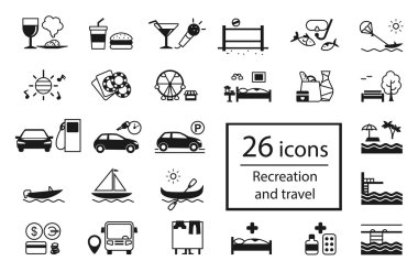Vektör rekreasyon simgeleri ayarlayın. Farklı tatil etkinlikleri ve eğlence ve Turizm altyapı.