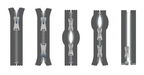 ジッパーやファスナーのベクトルを設定します。ジッパーの種類の隔離された図. — ストックベクタ