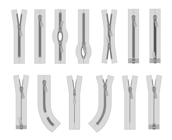 Vector set of zippers and fastener. Schematic isolated illustration of different types of zippers. — Stock Vector