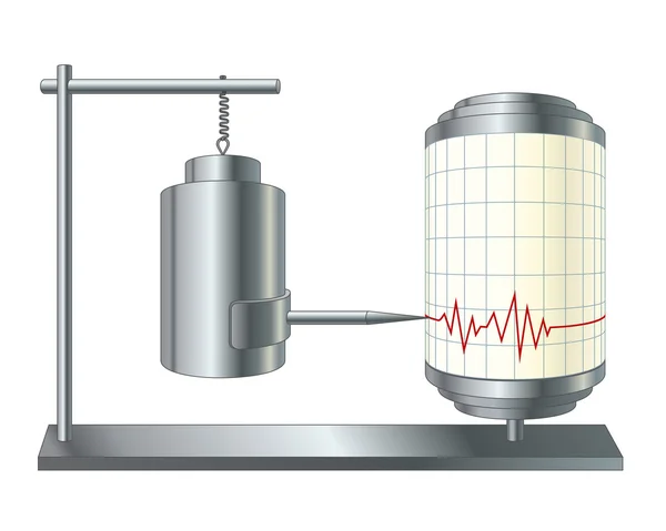 Illustrazione vettoriale del sismografo o sismometro. Strumento che misura il moto del suolo, onde sismiche generate da terremoti, eruzioni vulcaniche. Dispositivo di registrazione isolato . — Vettoriale Stock