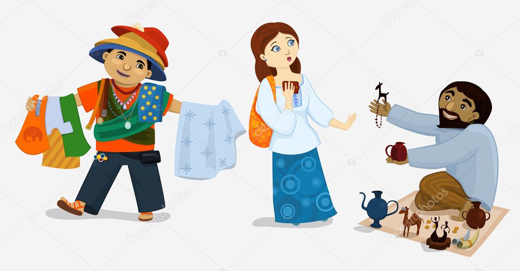 Vector illustration of comic tourist girl and street dealers. Scared woman refuses to buy goods from insistent sellers. 