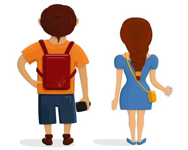 Boy and girl on journey from the back. Rear view of young couple. — Stock Vector