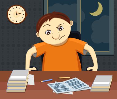 Grumpy and tired student sits by the table with homework at night.  clipart