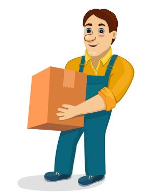 Komik karikatür porter ile karton kutu. Holding ve ağır karton taşıyan alt taşıyıcı adam. 