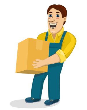 Komik karikatür porter ile karton kutu. Holding ve ağır karton taşıyan alt taşıyıcı adam. 