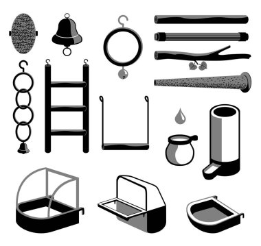 Papağan, Kanarya veya diğer kuş kafeste izole aksesuarlar.