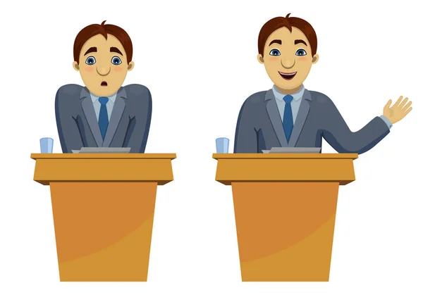 Vektor-Illustration einer lustigen Cartoon-Figur: verwirrter verängstigter Redner und selbstbewusster Redner, der die Rede spricht. — Stockvektor