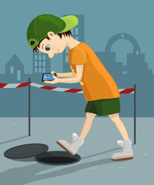 A criança viciada em computador caminha pela rua e olha atentamente para seu tablet. Jogo de perigo e vício na internet . — Vetor de Stock