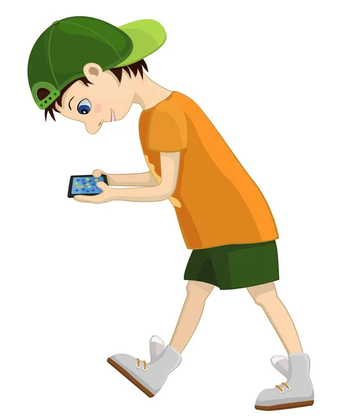Computersüchtiges Kind schaut aufmerksam auf sein Tablet. Spiel- und Internetsucht. — Stockvektor