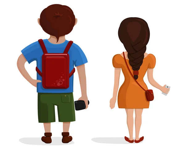Junge und Mädchen unterwegs von hinten. Rückansicht des jungen Paares. — Stockvektor
