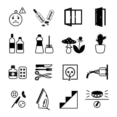 Küçük çocuklar için farklı iç ve dış tehlikelerden vektör Icon set