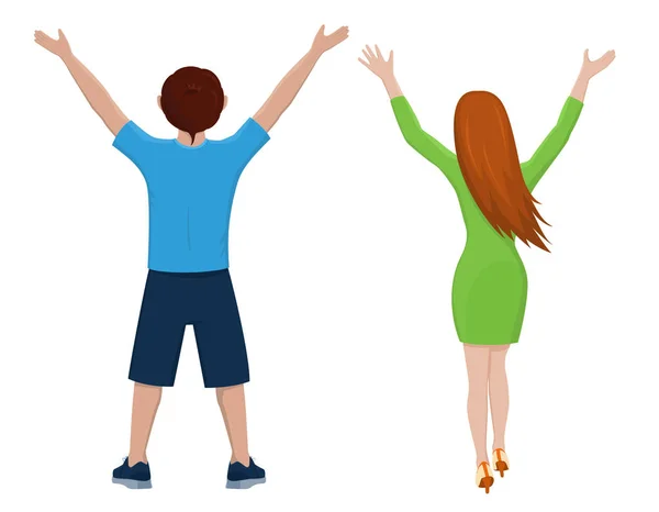Junge und Mädchen von hinten. isolierte Vektor-Illustration von Cartoon-Figuren mit erhobenen Händen auf weißem Hintergrund. — Stockvektor