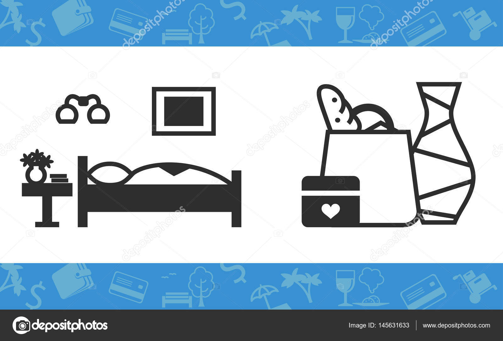 Iconos vectoriales aislados de la habitación de hotel con cama, foto