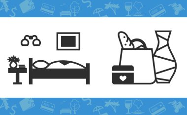 Otel odasında yatak, resim, komidin ve lamba ve Satınalmalar izole vektör simgeleri. 