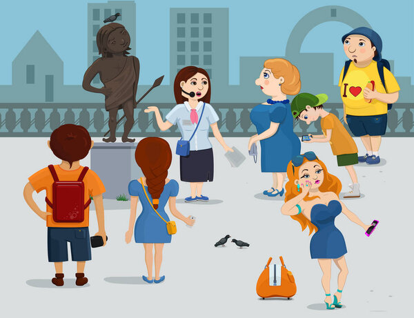 Vector set of comic cartoon tourist group. Funny people characters.