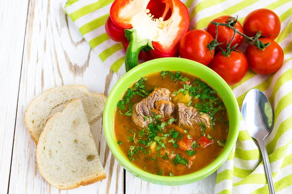 Caucasian lamb or beef Shurpa soup with vegetables — Stock Image Caucasian lamb or beef Shurpa soup with vegetables Stock Photo