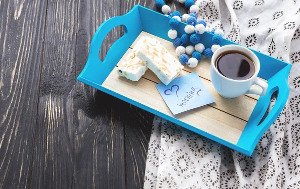 Egypt nougat and cup of coffee in tray