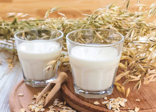 Dos vasos de leche y espiguillas de avena sobre mesa rústica — Foto de Stock