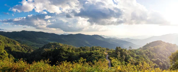 Vista de los picos de montaña, bosque tropical de coníferas. Panorama — Foto de Stock