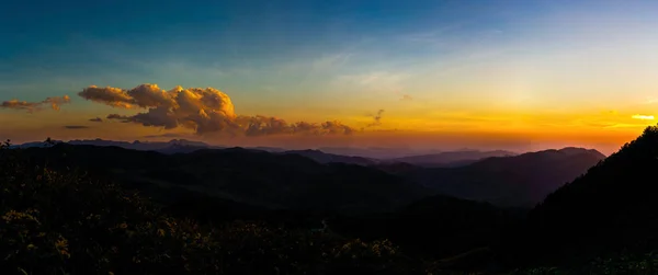 Vista de los picos de montaña, bosque tropical de coníferas. Panorama — Foto de Stock