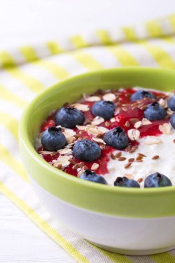 Yulaf ezmesi yaban mersini, Ahududu reçeli, keten tohumu ve yoğurt