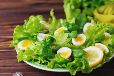 Letucce, salatalık, ıspanak, fesleğen ve Bıldırcın yumurta salatası