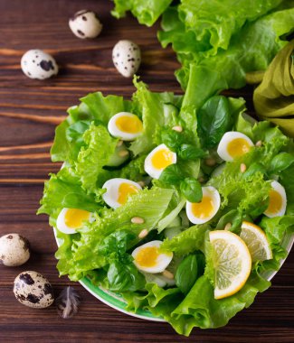 Letucce, salatalık, ıspanak, fesleğen ve Bıldırcın yumurta salatası