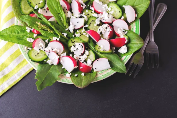 Salade met Veldzuring, komkommer, radijs, spinazie, sesamzaad en kaas — Stockfoto