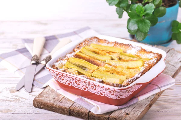 Traditional rhubarb pie. Sweet pieplant cake baked food