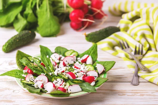 Salada com azeda, pepino, rabanete, espinafre, gergelim e queijo — Fotografia de Stock