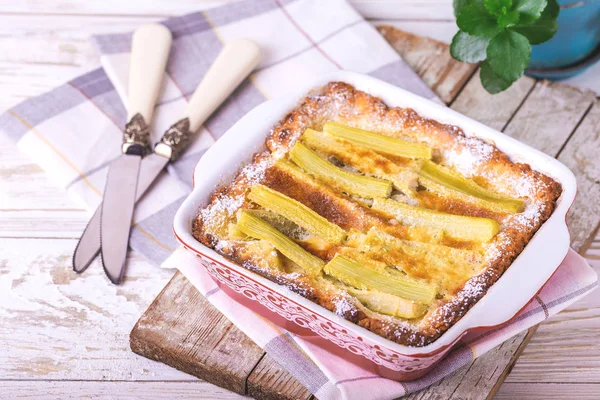 Traditional rhubarb pie. Sweet pieplant cake baked food